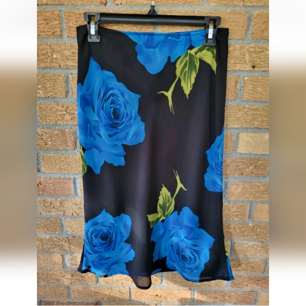 Y2K A. Byer California Vintage Flirty Black & Blue Floral Midi Skirt Size M